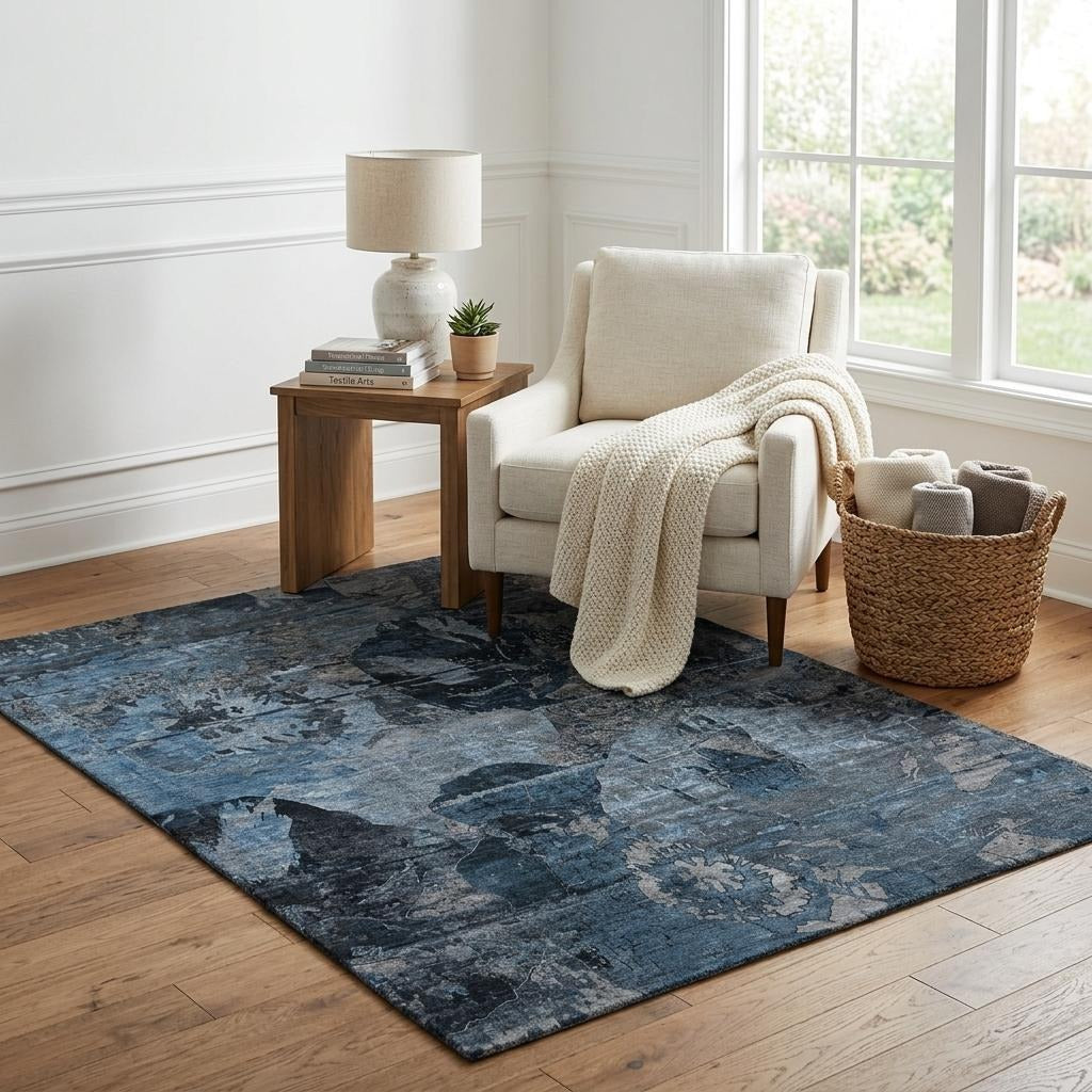 5' X 8' Denim Blue And Navy Blue Abstract Shag Washable Area Rug With UV Protection - Home & Garden