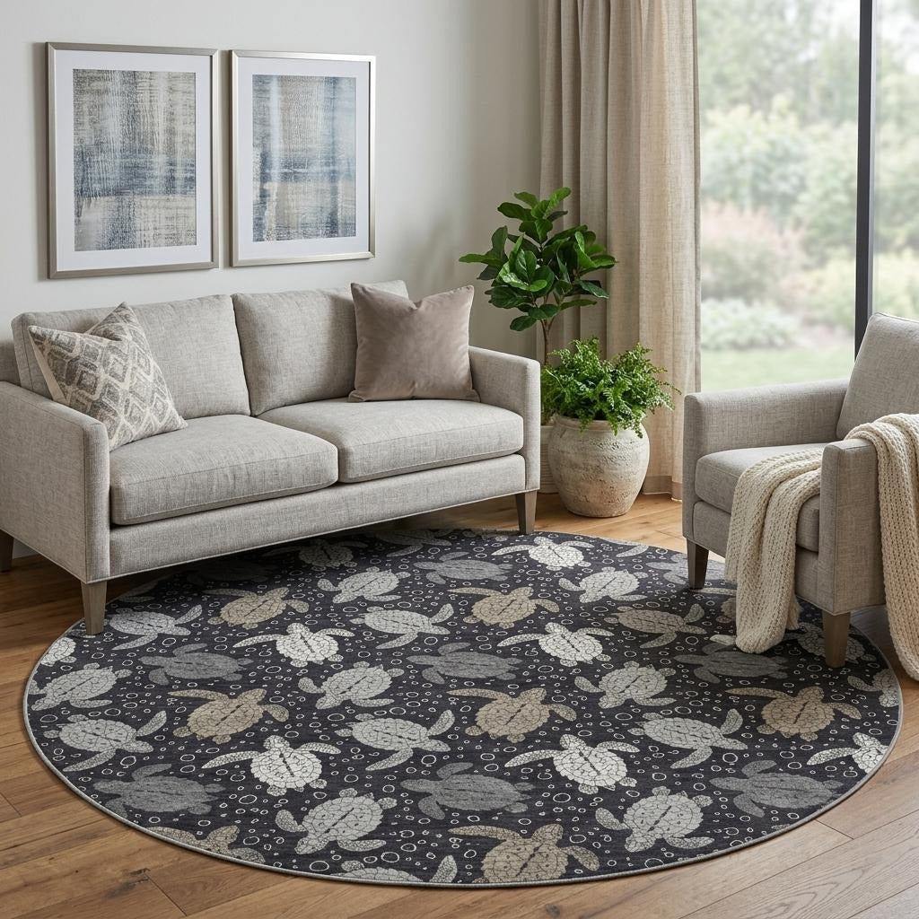 8' Midnight And Taupe Animal Print Shag Washable Round Rug With UV Protection - Home & Garden