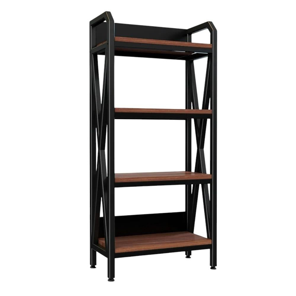 56" Black And Brown Metal and Wood Four Tier Etagere Bookcase - Office Supplies