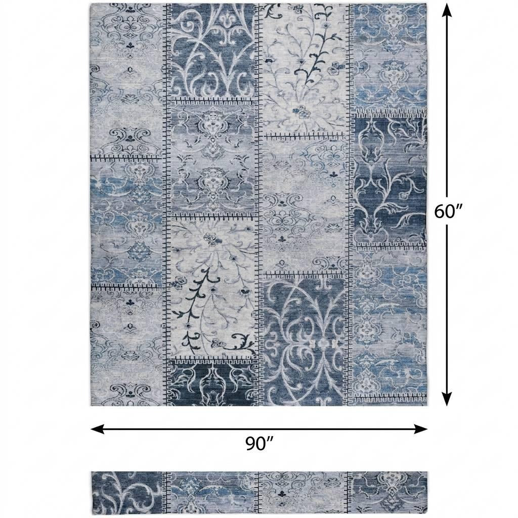 5' X 8' Denim Blue And Blue Floral Shag Washable Area Rug With UV Protection - Home & Garden