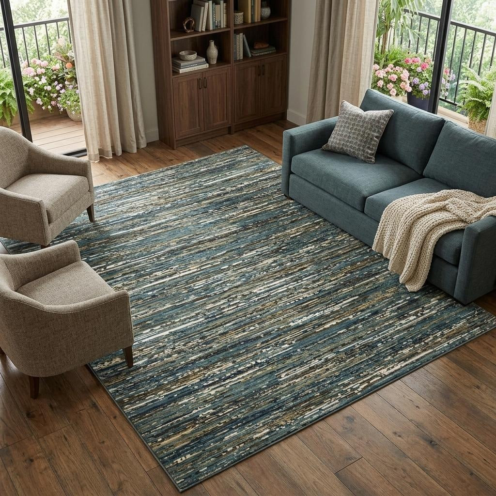 10' X 13' Blue Brown And Ivory Striped Area Rug - Home & Garden