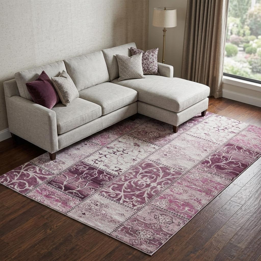 10' X 14' Burgundy And Eggplant Floral Shag Washable Area Rug With UV Protection - Home & Garden