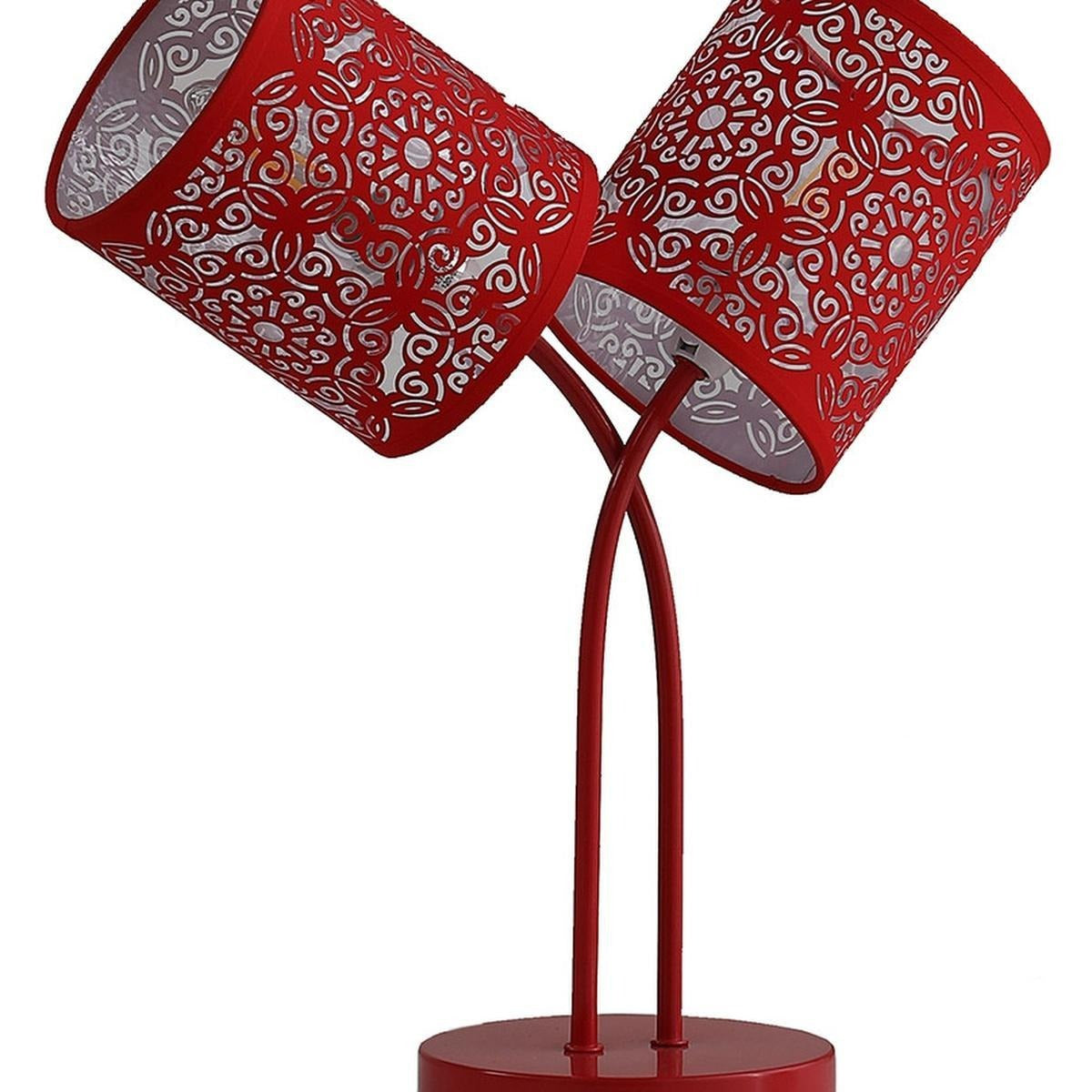 17" Red Metal Two Light Table Lamp With Red Abstract Drum Shade - Lighting