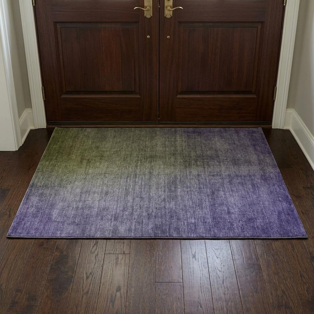 3' X 5' Olive Green And Gray Ombre Shag Washable Area Rug With UV Protection - Home & Garden