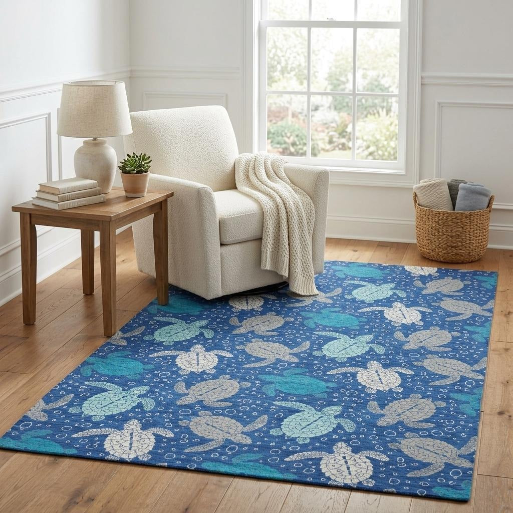 5' X 8' Blue And Teal Animal Print Shag Washable Area Rug With UV Protection - Home & Garden