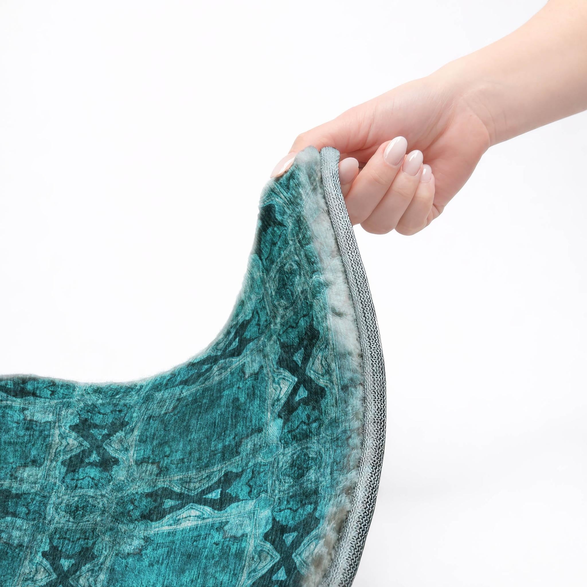 5' X 8' Teal And Charcoal Geometric Shag Washable Area Rug With UV Protection - Home & Garden
