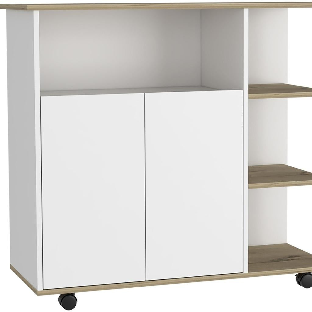 39" Oak and White Wood Rolling Kitchen Island With Storage - Kitchen & Dining