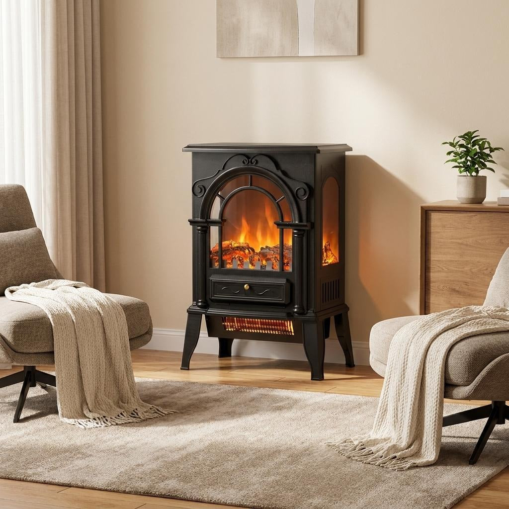 15" Black Ornate Carved Scrollwork Glass And Metal With Storage Electric Fireplace With Mantle - Home & Garden