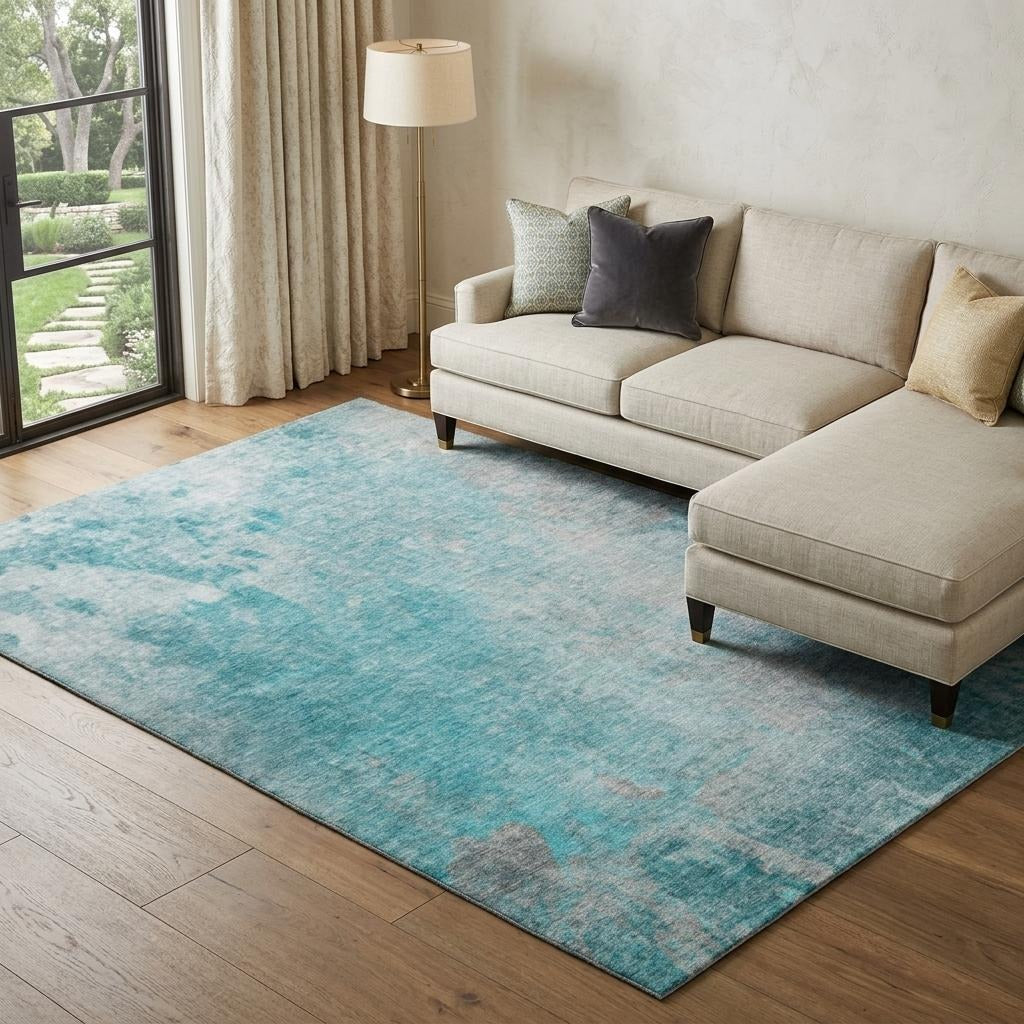10' X 14' Teal And Gray Abstract Shag Washable Area Rug With UV Protection - Home & Garden