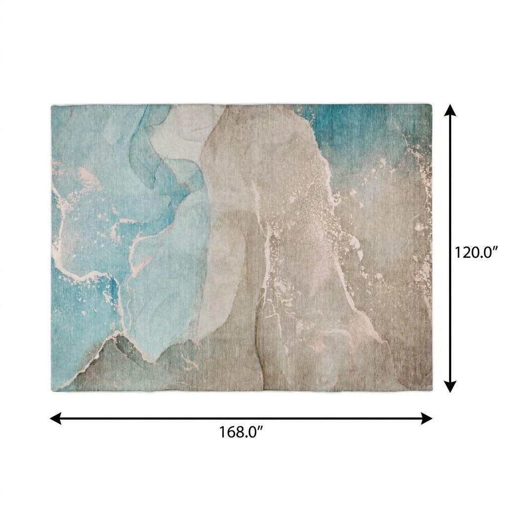 10' X 14' Teal And Taupe Abstract Shag Washable Area Rug With UV Protection - Home & Garden
