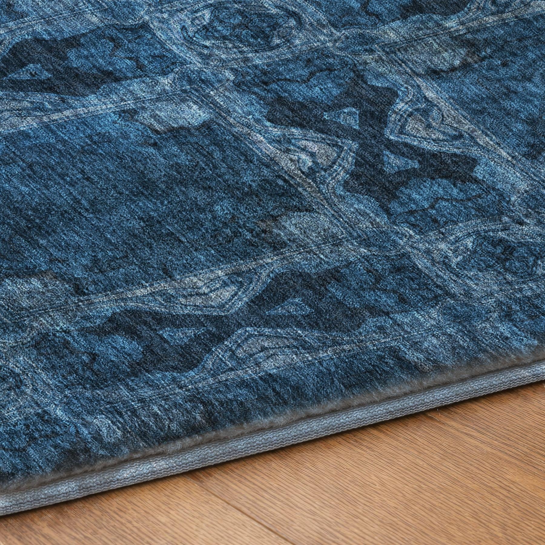 5' X 8' Navy Blue And Gray Geometric Shag Washable Area Rug With UV Protection - Home & Garden
