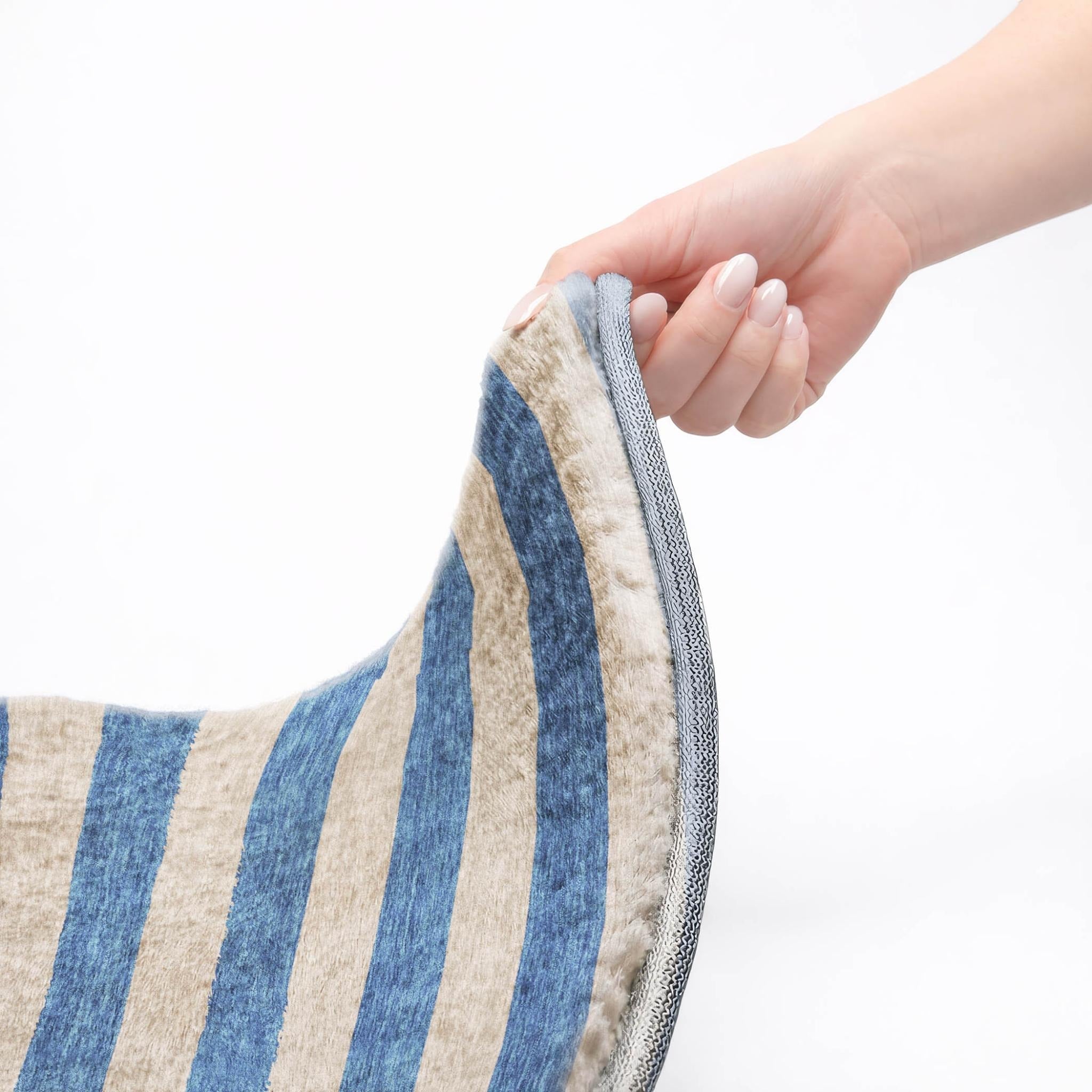 3' X 5' Tan And Navy Blue Striped Shag Washable Area Rug With UV Protection - Home & Garden