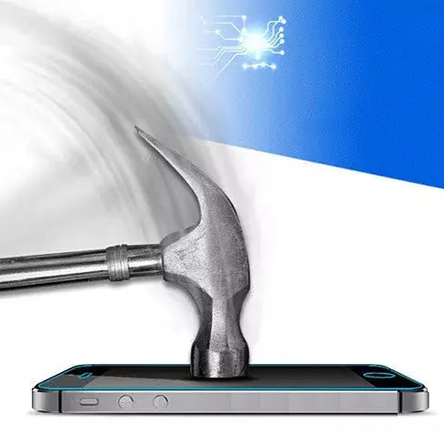 Silver steel hammer striking a smartphone screen on a blue and white background, showcasing durability and technology.