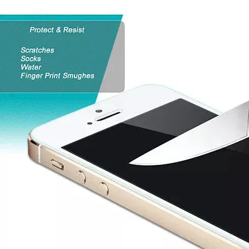 Clear screen protector for smartphones, resistant to scratches, water, and fingerprints, featuring a sleek design.