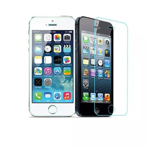 White and black smartphones with touchscreen displays, featuring a blue tempered glass screen protector.