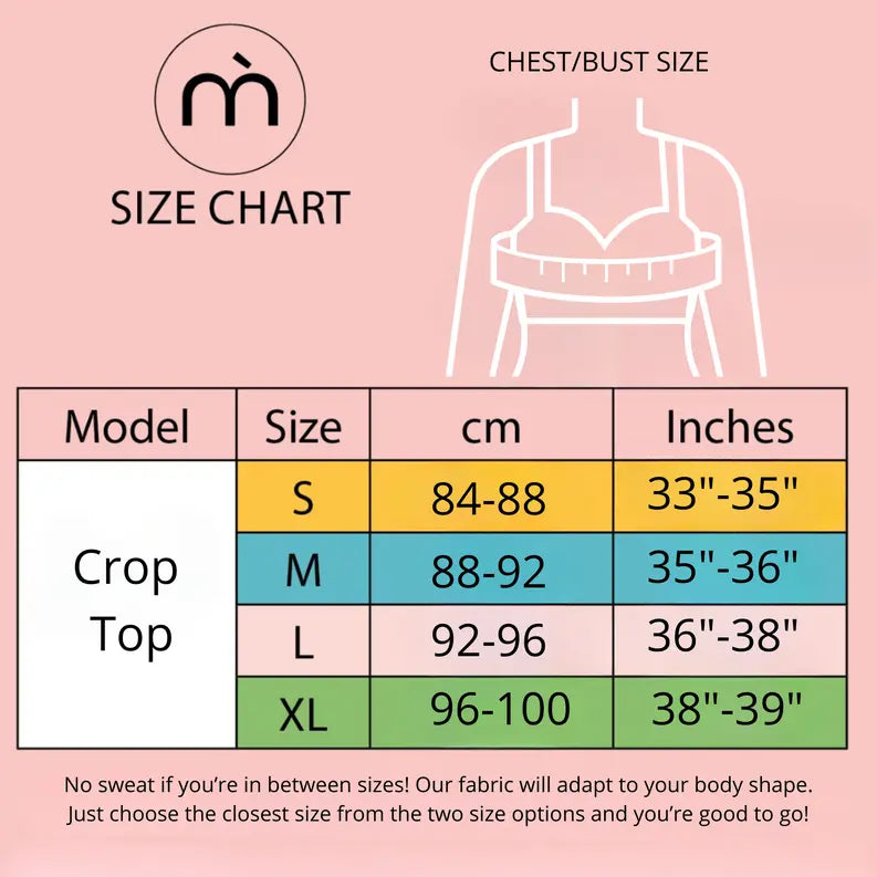 Size chart for women's crop tops, featuring bust measurements in cm and inches, with colorful sections for easy reference.
