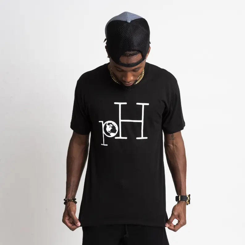 Men's black cotton t-shirt featuring white "pH" logo with globe design, relaxed fit, and crew neckline.