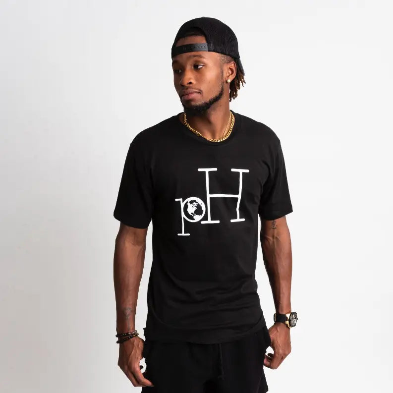 Black cotton t-shirt with white graphic logo, casual style perfect for streetwear enthusiasts.