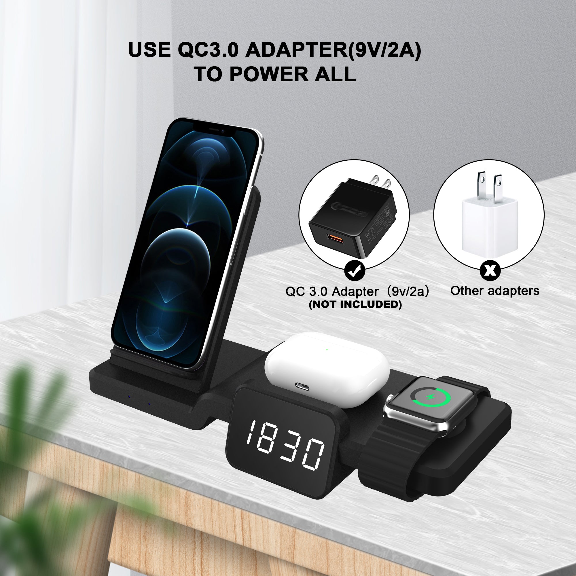 Clock radio charge 15W 4 in 1 Cell Phone Qi Fast Wireless Charger For iWatch For AirPods Time adjustment