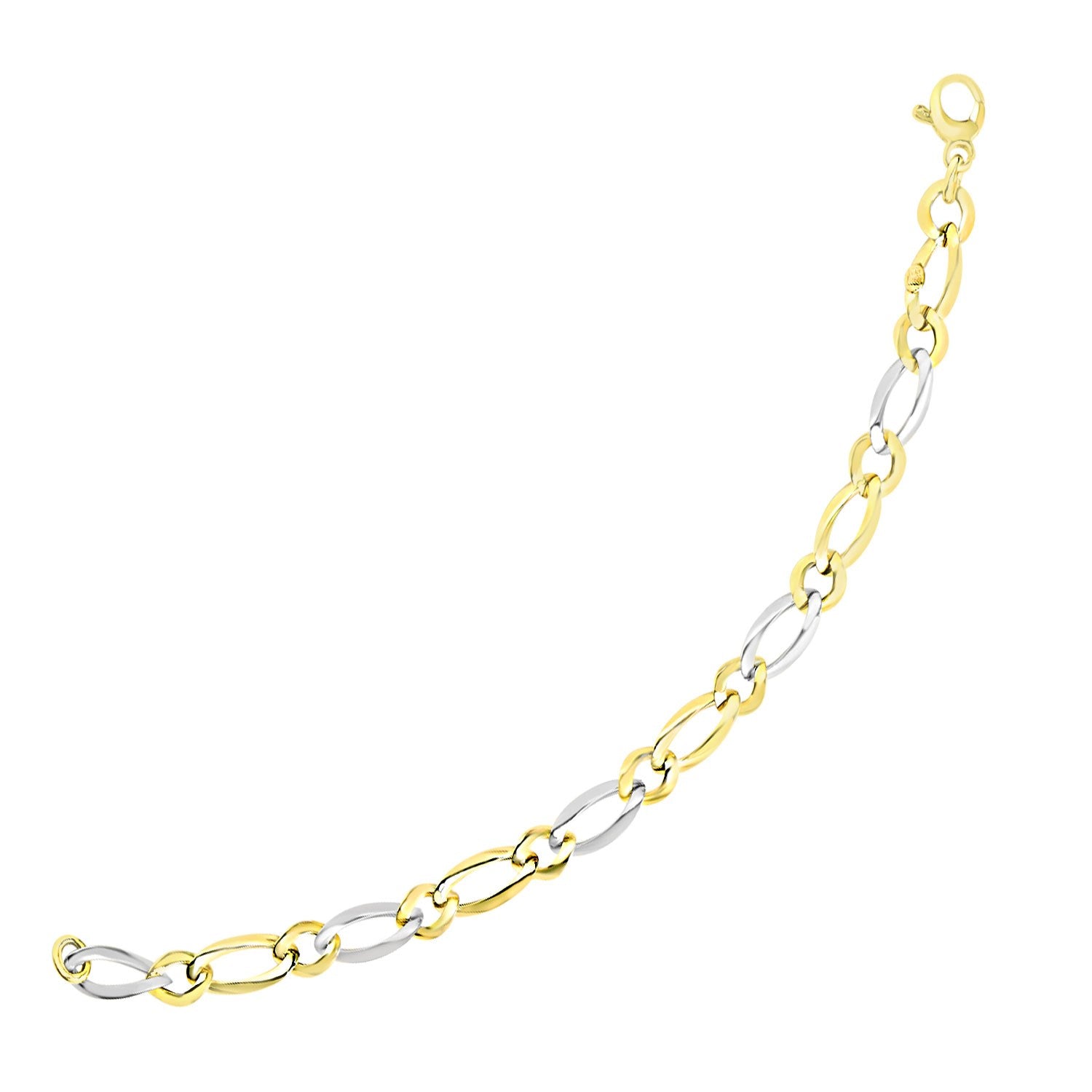 14k Two-Tone Gold Figaro Chain Bracelet with Long and Short Links 7.5"