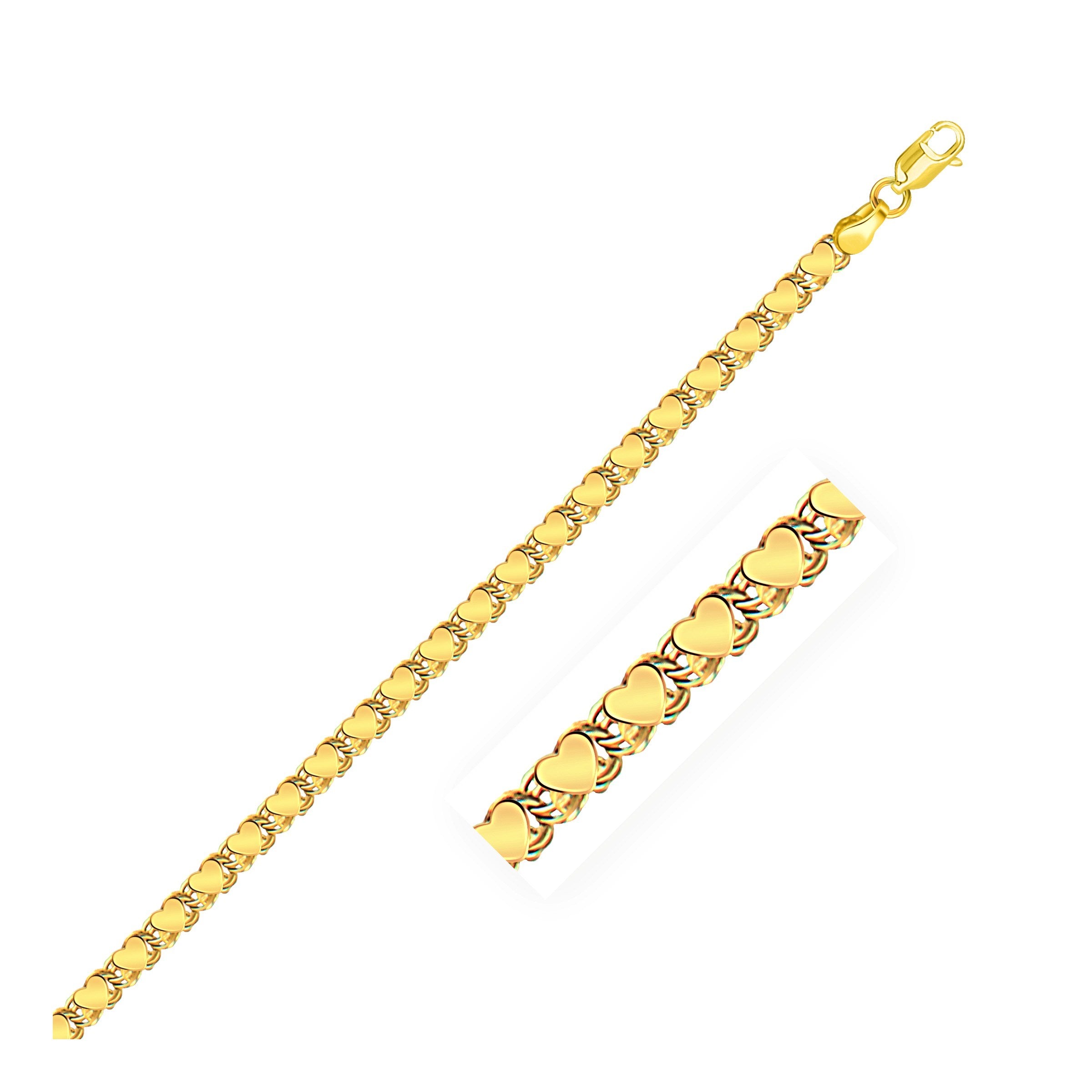3.3mm 14k Yellow Gold Heart Anklet 10"
