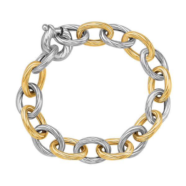 18k Yellow Gold and Sterling Silver Rhodium Plated Diamond Cut Chain Bracelet 7.75"