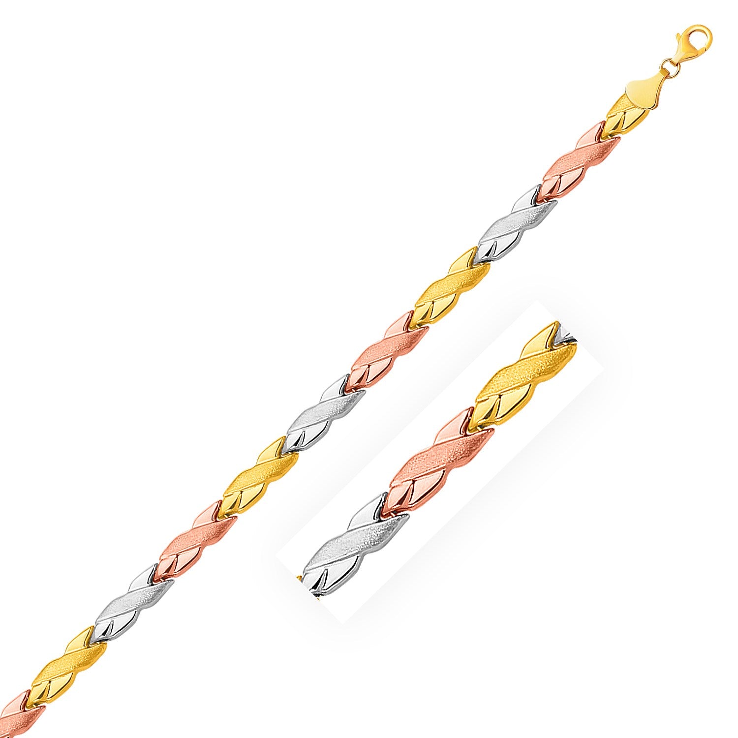 14k Tri-Color Gold Shiny and Textured X Link Bracelet 7.25"
