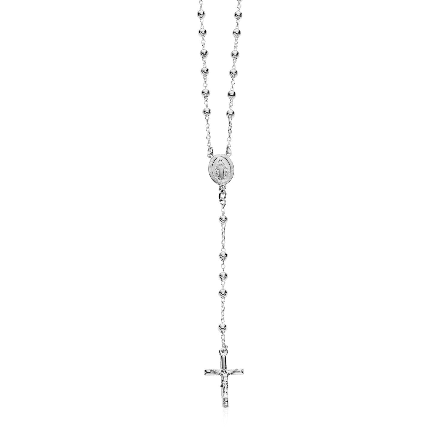 Polished Rosary Chain and Bead Necklace in Sterling Silver 26"