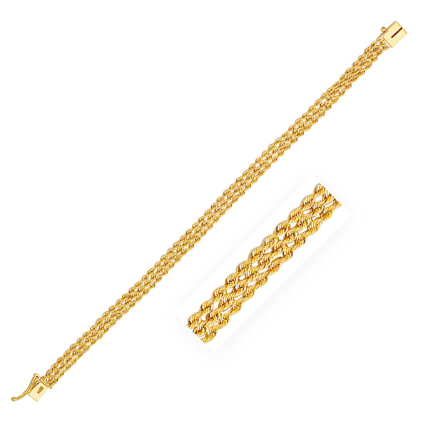 6.0mm 14k Yellow Gold Three Row Rope Bracelet 7"