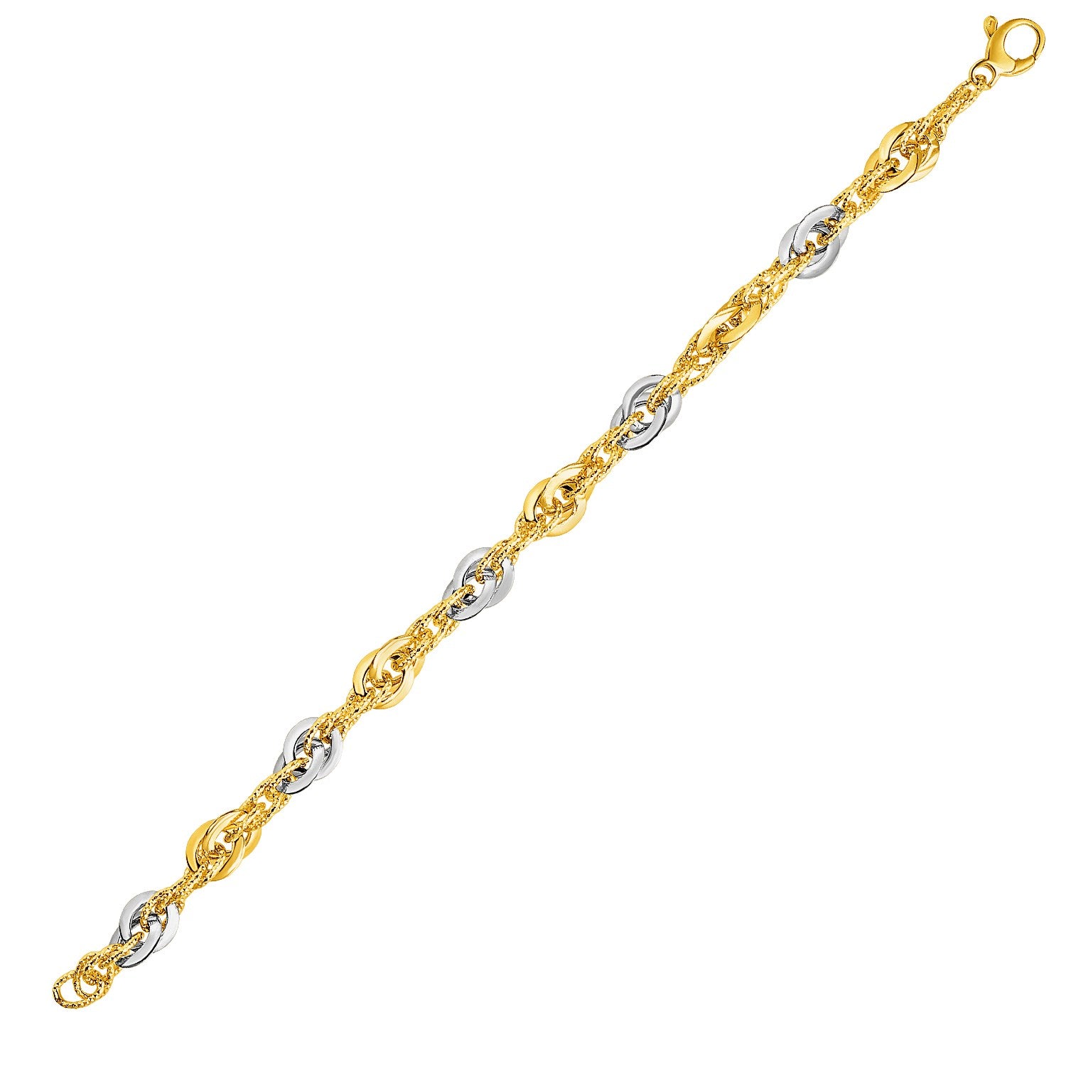 14k Two-Tone Yellow and White Gold Double Link Textured Bracelet 7.5"
