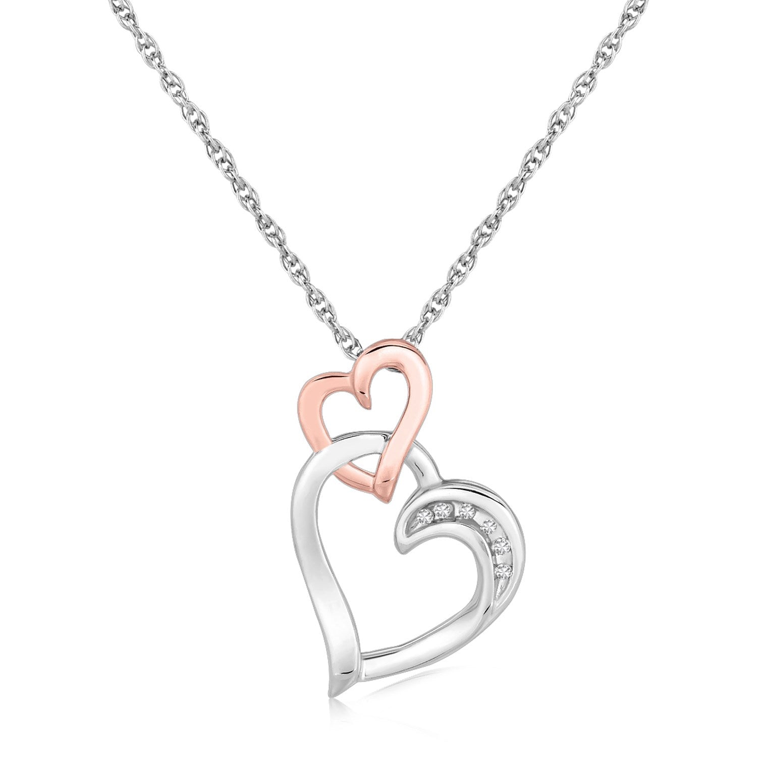 Sterling Silver Cascading Dual Heart Diamond Accented Pendant (.02 cttw) 18