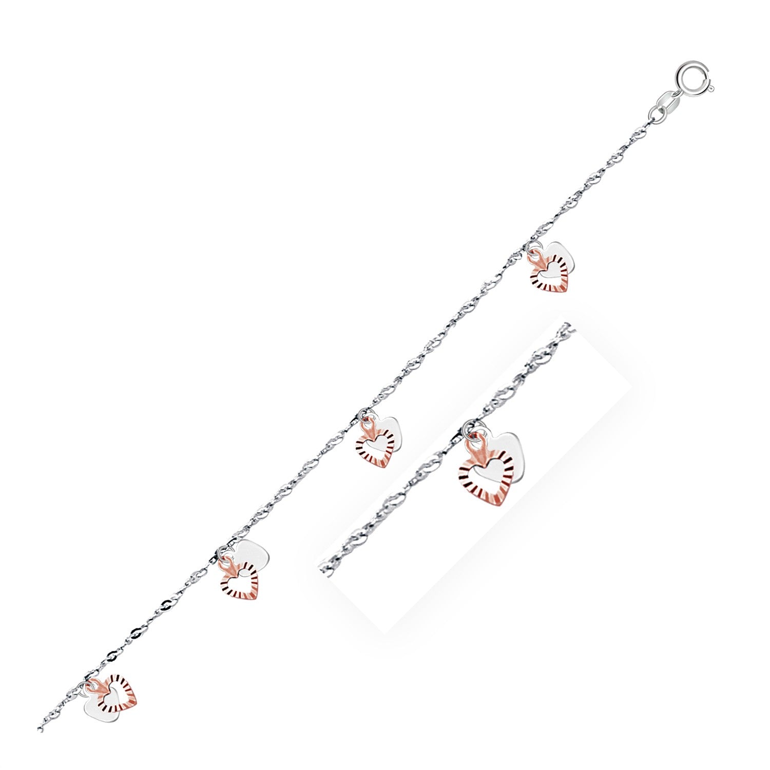 14k White and Rose Gold Anklet with Dual Heart Charms 10"