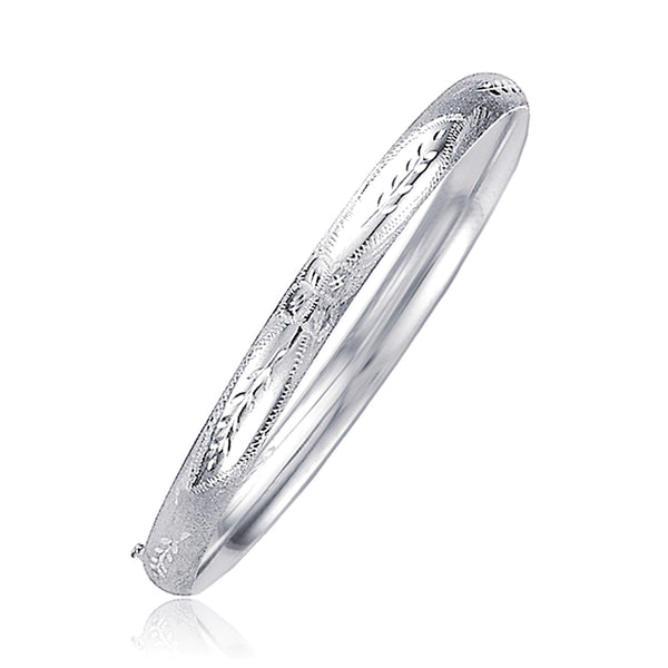 Classic Floral Carved Bangle in 14k White Gold (5.0mm) 8"