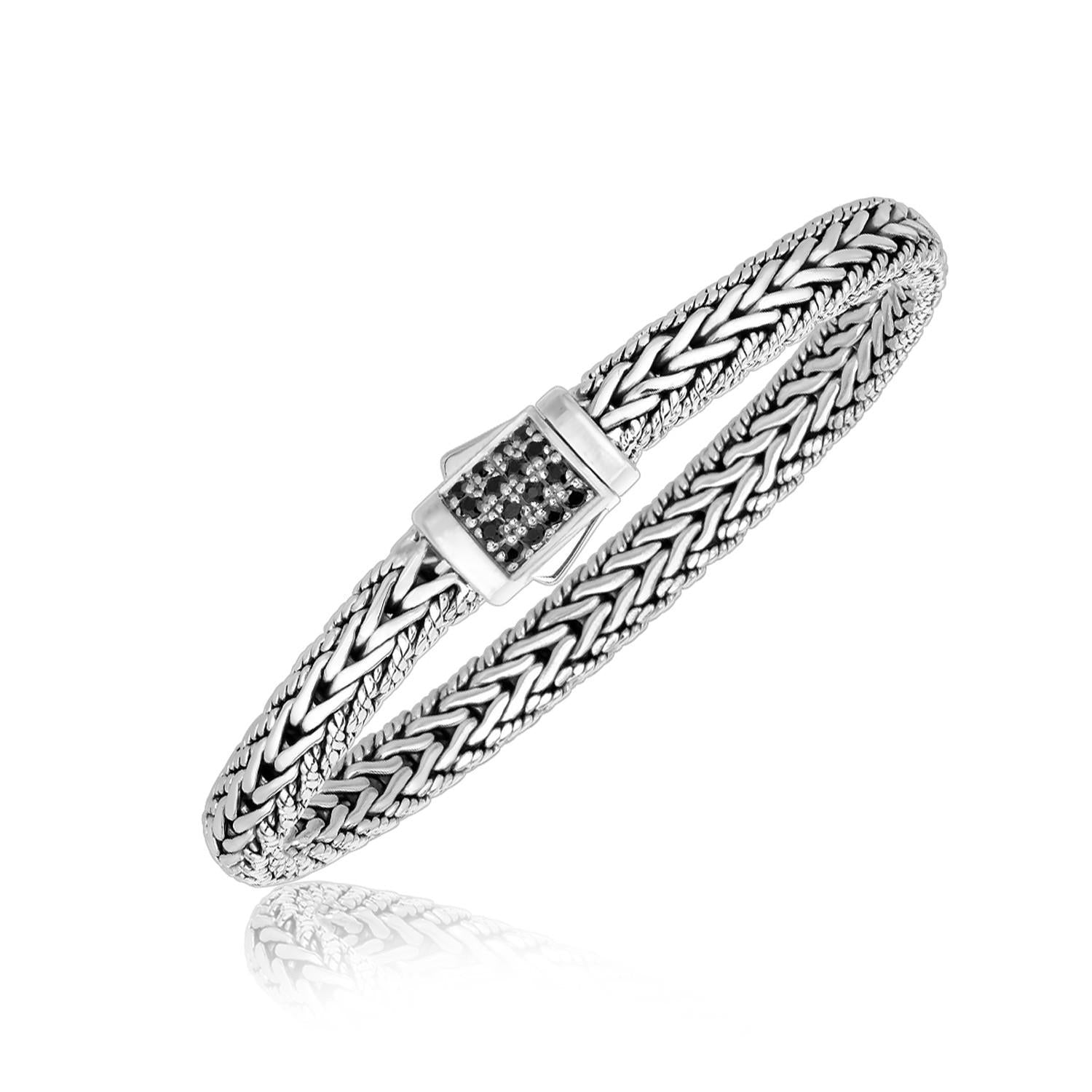 Sterling Silver Braided Style Men's Bracelet with Black Sapphire Accents 7"
