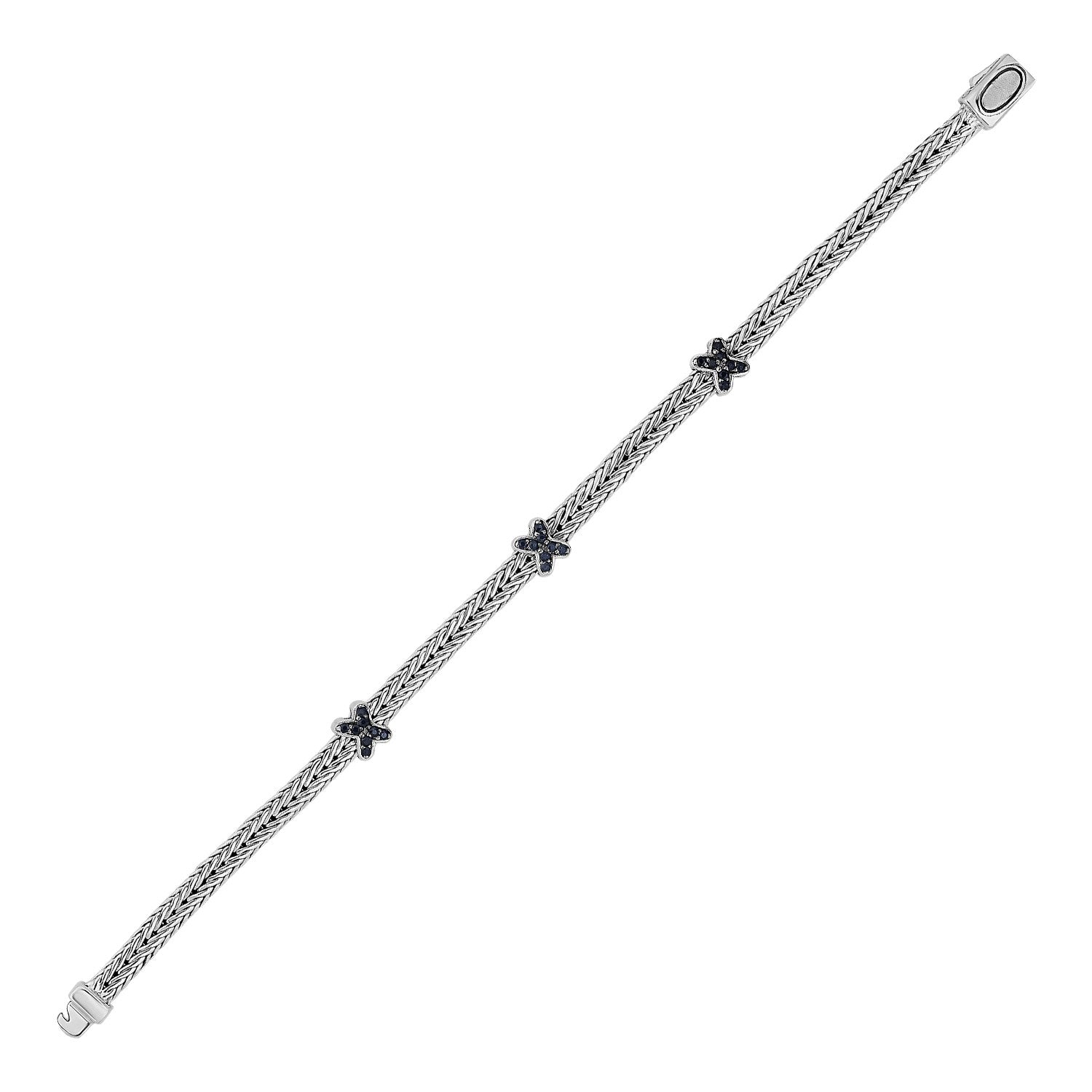 Woven Rope Bracelet with Black Sapphire X Accents in Sterling Silver 7.25"