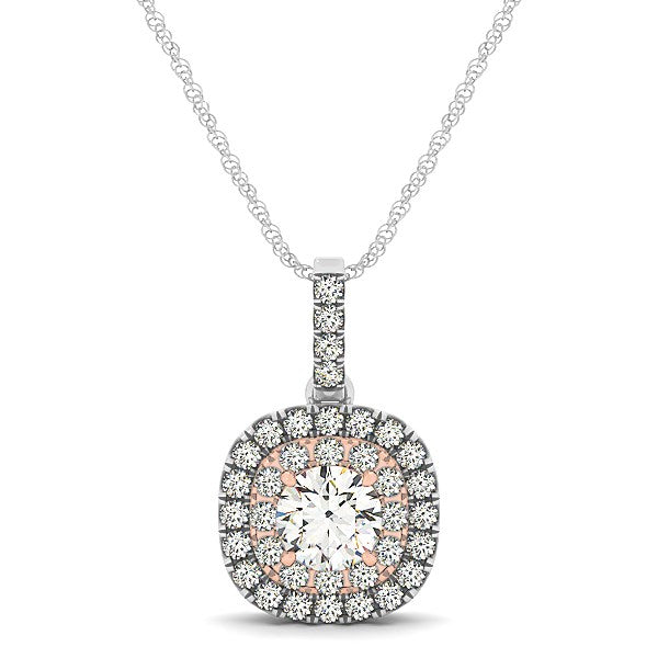 14k White And Rose Gold Cushion Shape Halo Diamond Pendant (1/2 cttw) 18"