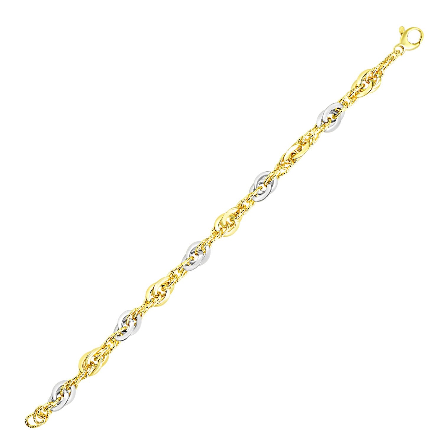 14k Two-Tone Gold Interlaced Smooth and Textured Link Bracelet 7.5"
