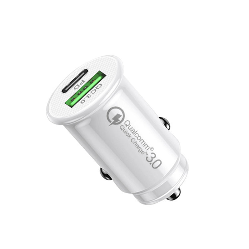 Dual port car office charger USB-C, spare device mini car charger dual device charger for Type-c plug USB quick car charging White