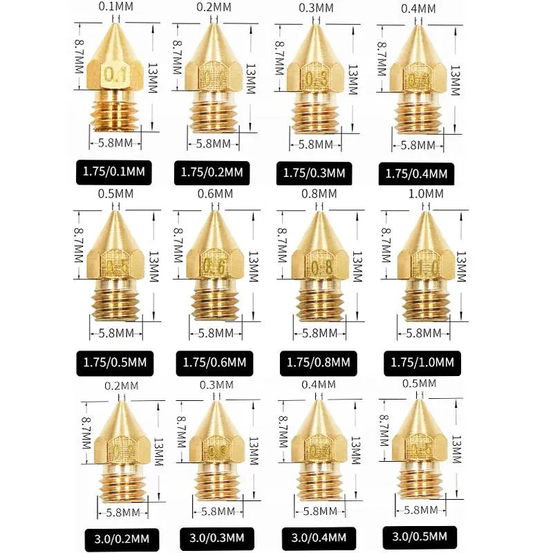 10pcs Brass nozzle 3d printer accessories mk8 pointed brass nozzle surface lettering printing accessories GreatEagleInc