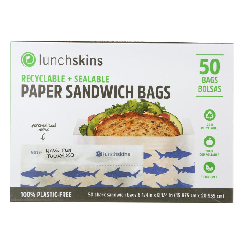 Lunchskins – Recycelbare und verschließbare Sandwichbeutel aus Papier – Hai – Karton mit 12 – 50 Stück