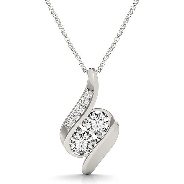 14k White Gold Two Stone Curved Style Diamond Pendant (3/4 cttw) 18"