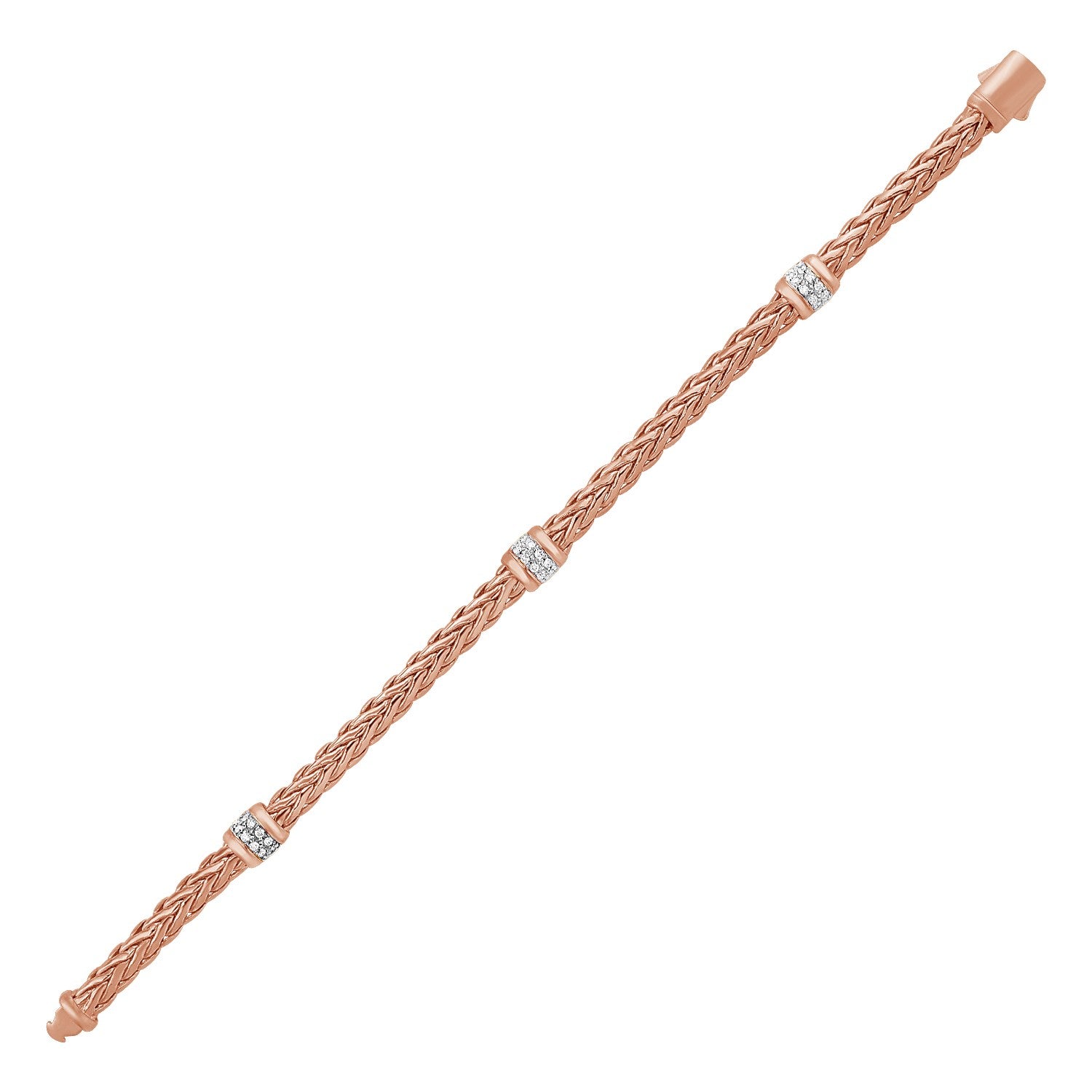 Polished Woven Rope Bracelet with Diamond Accents in 14k Rose Gold 7.5"