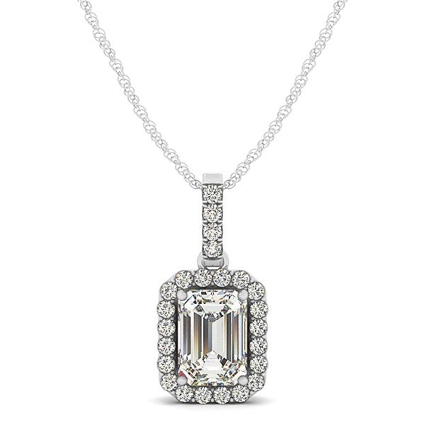 Halo Pendant With Emerald Center Diamond in 14k White Gold (1 1/5 cttw) 18"