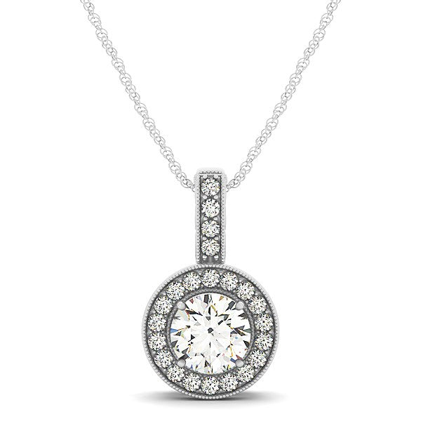 Milgrain Edge Diamond Halo Pendant in 14k White Gold (5/8 cttw) 18"