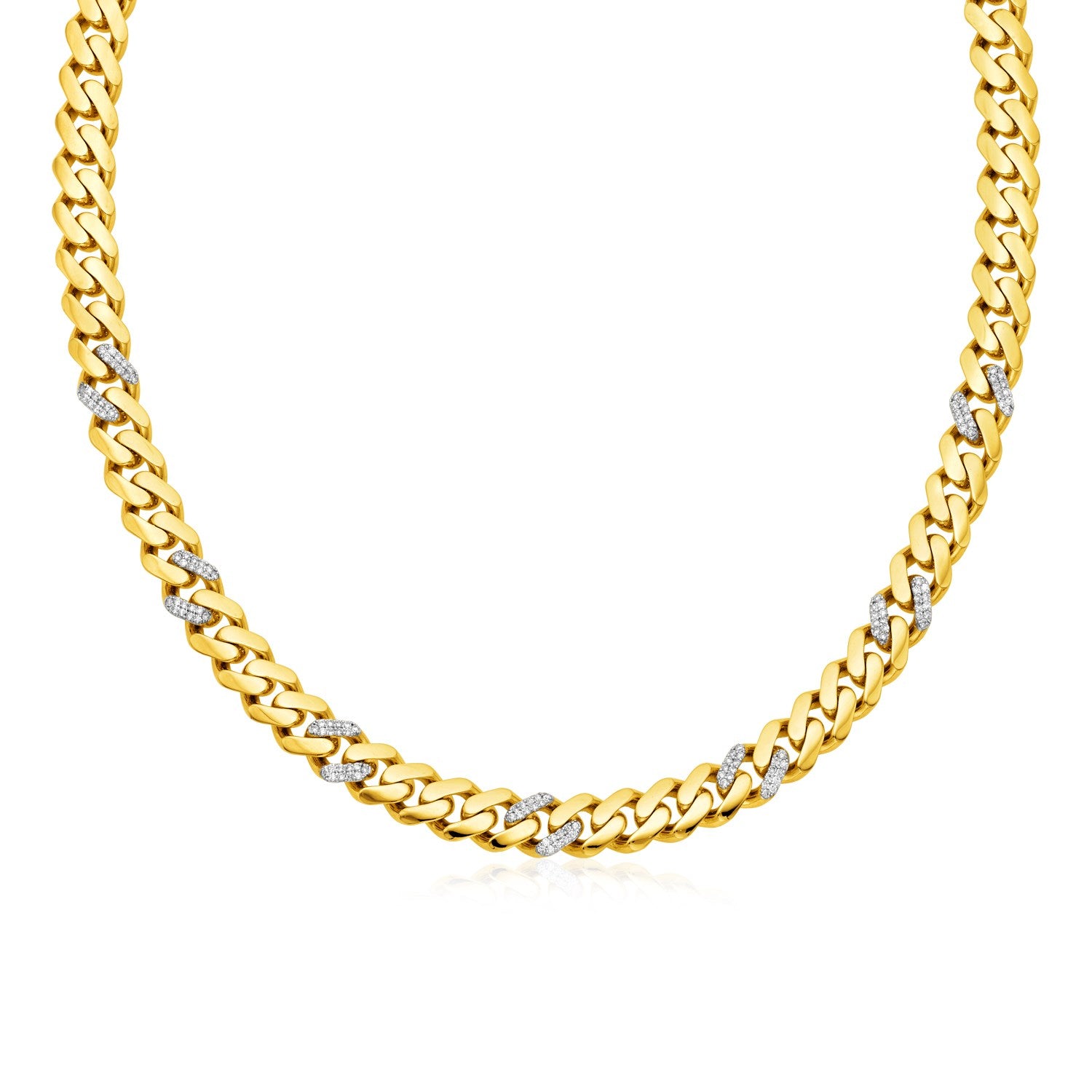 14k Yellow Gold 18 inch Polished Curb Chain Necklace with Diamonds 18"