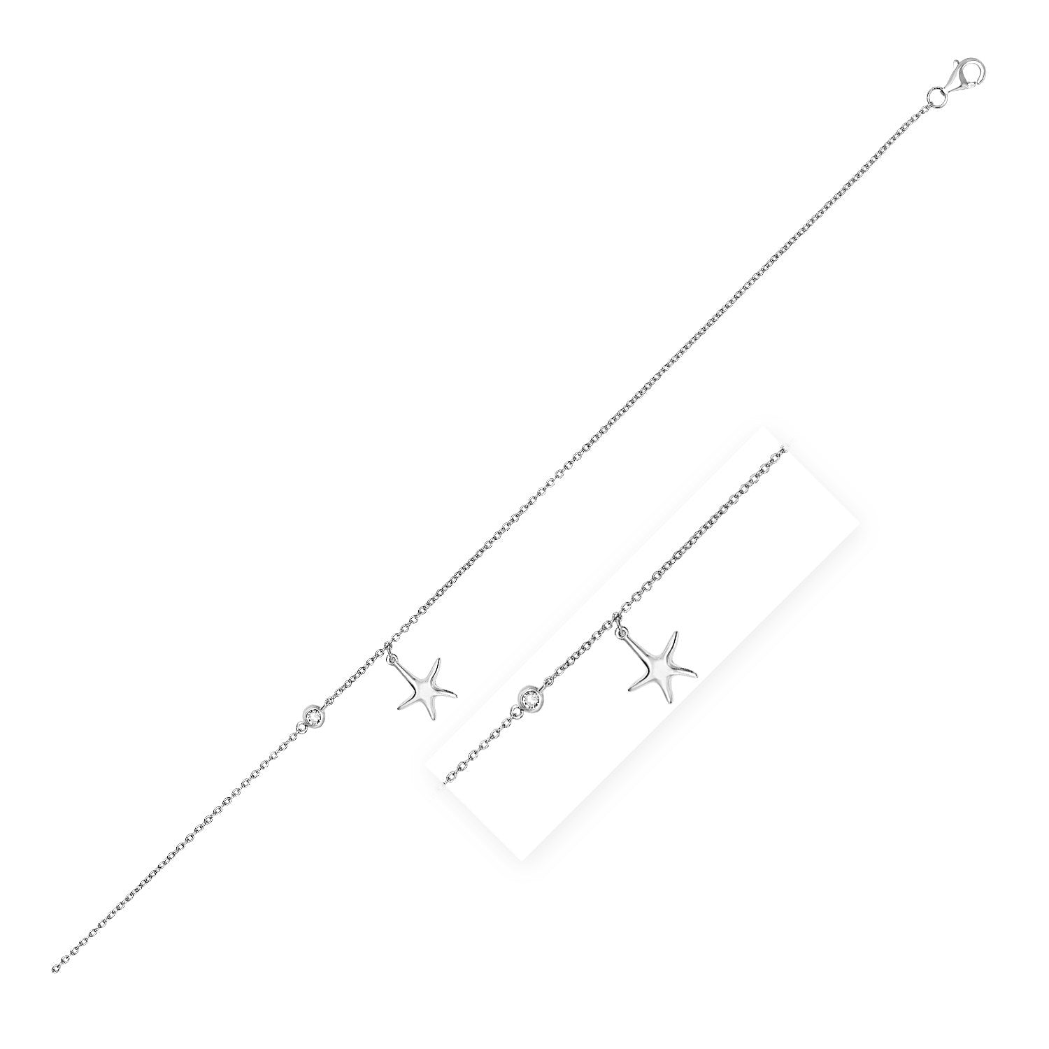 Sterling Silver Anklet with Starfish Charm and Cubic Zirconia 10"