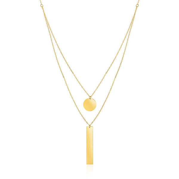 14k Yellow Gold 18 inch Two Strand Necklace with Circle and Bar Pendants 18"