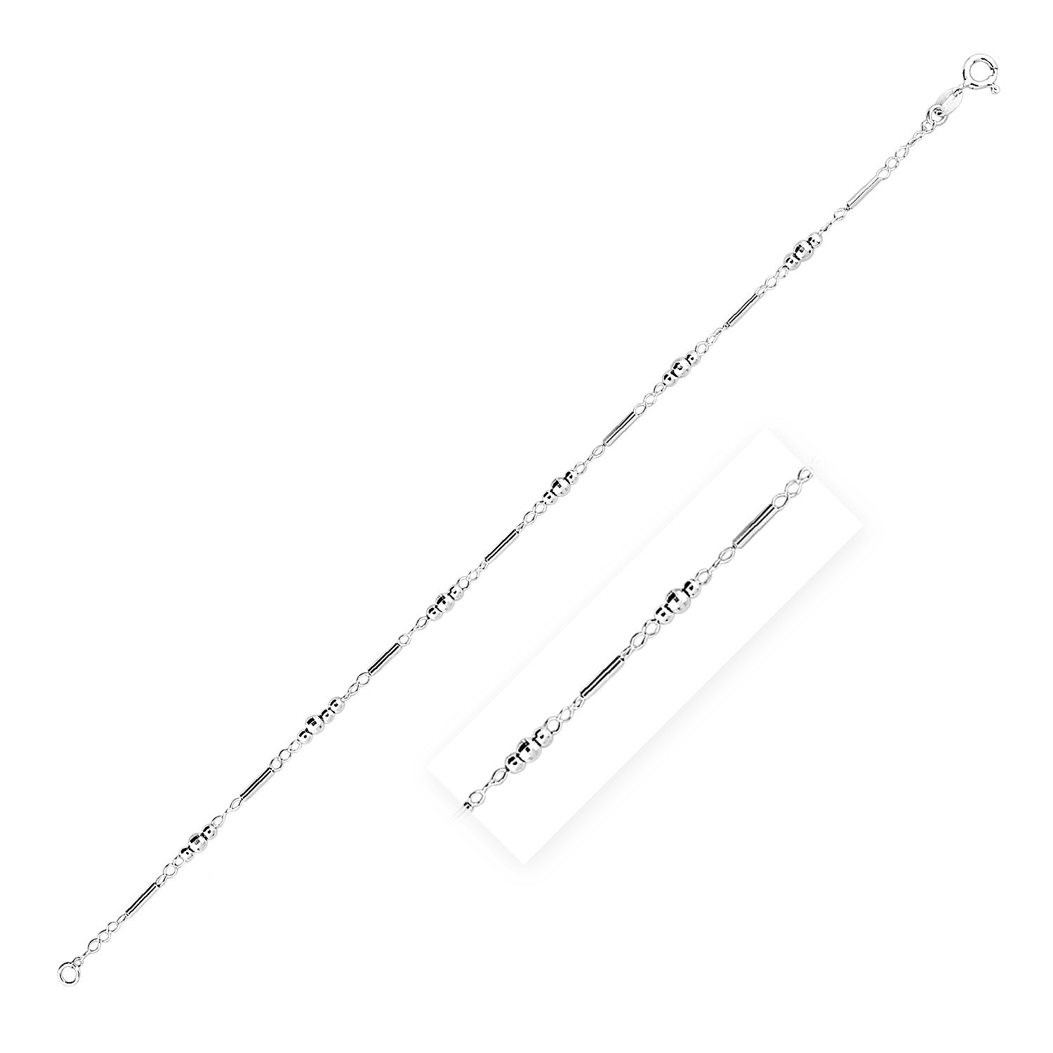 Sterling Silver Anklet with Polished Bars and Beads 10"