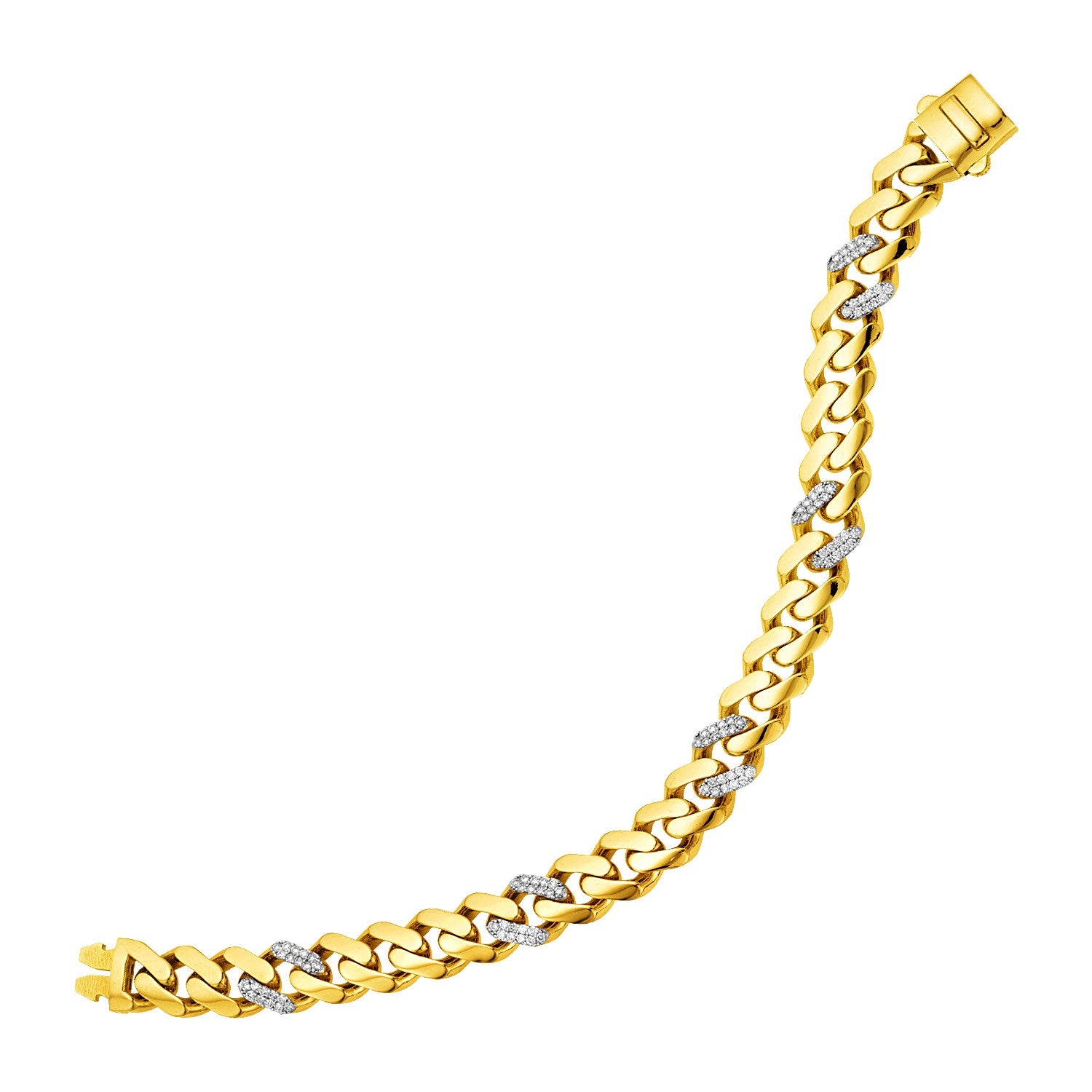 14k Yellow Gold Polished Curb Chain Bracelet with Diamonds 8"