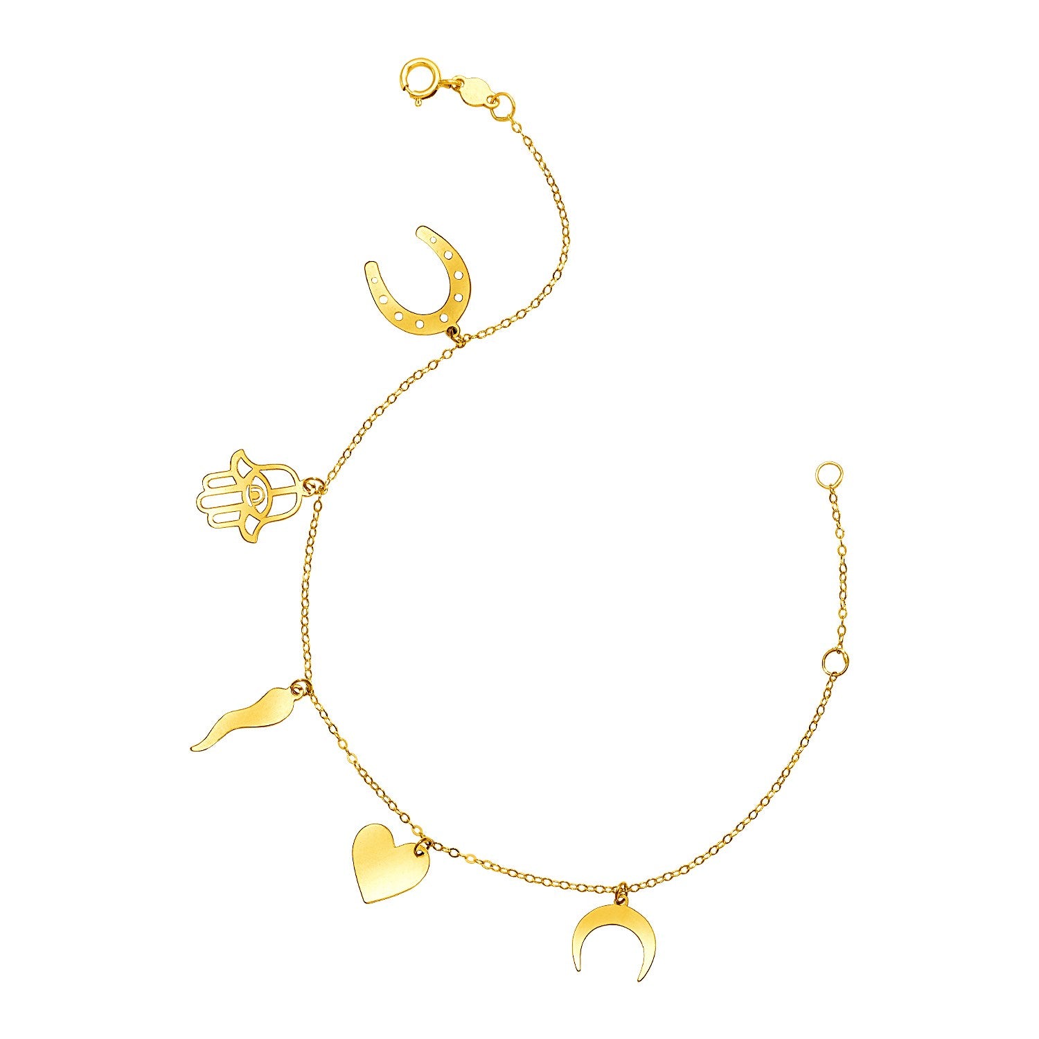14k Yellow Gold 7 inch Bracelet with Polished Charms 7"